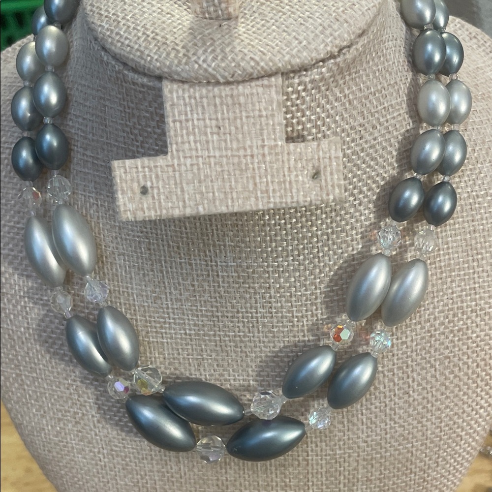 Vintage Silver and AB double strung Beaded Necklace with hook closure